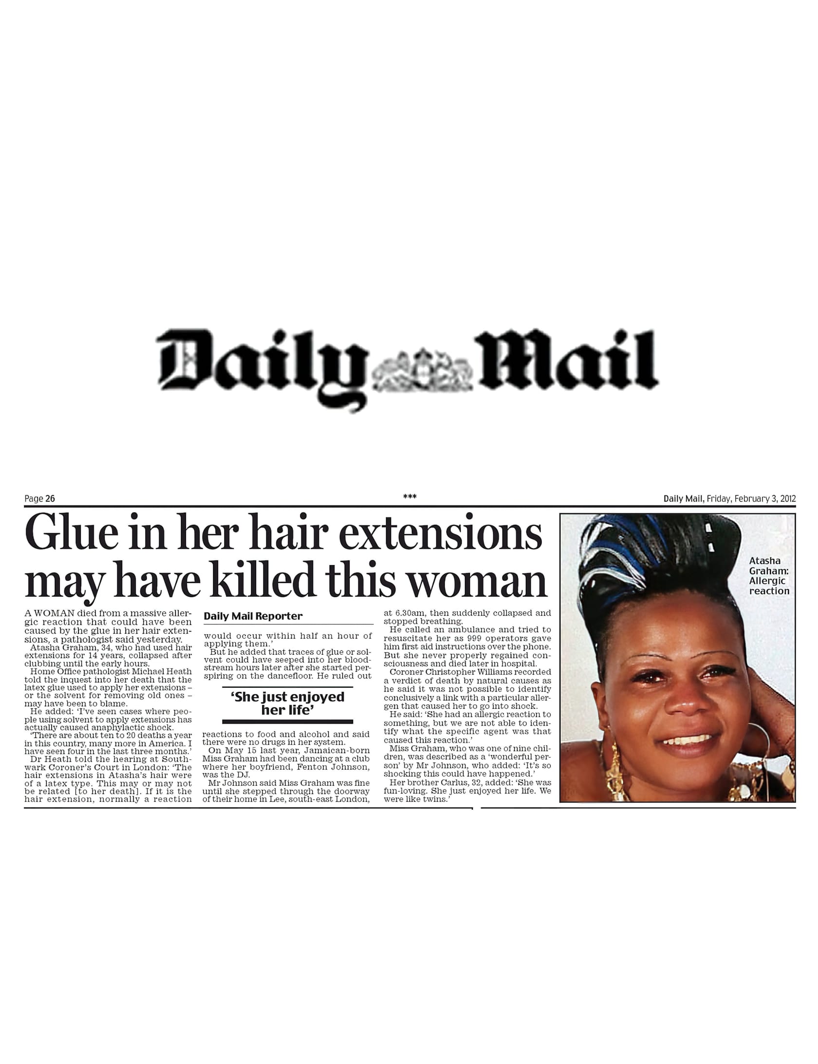 'Glue in her hair extensions may have killed this woman' - Daily Mail